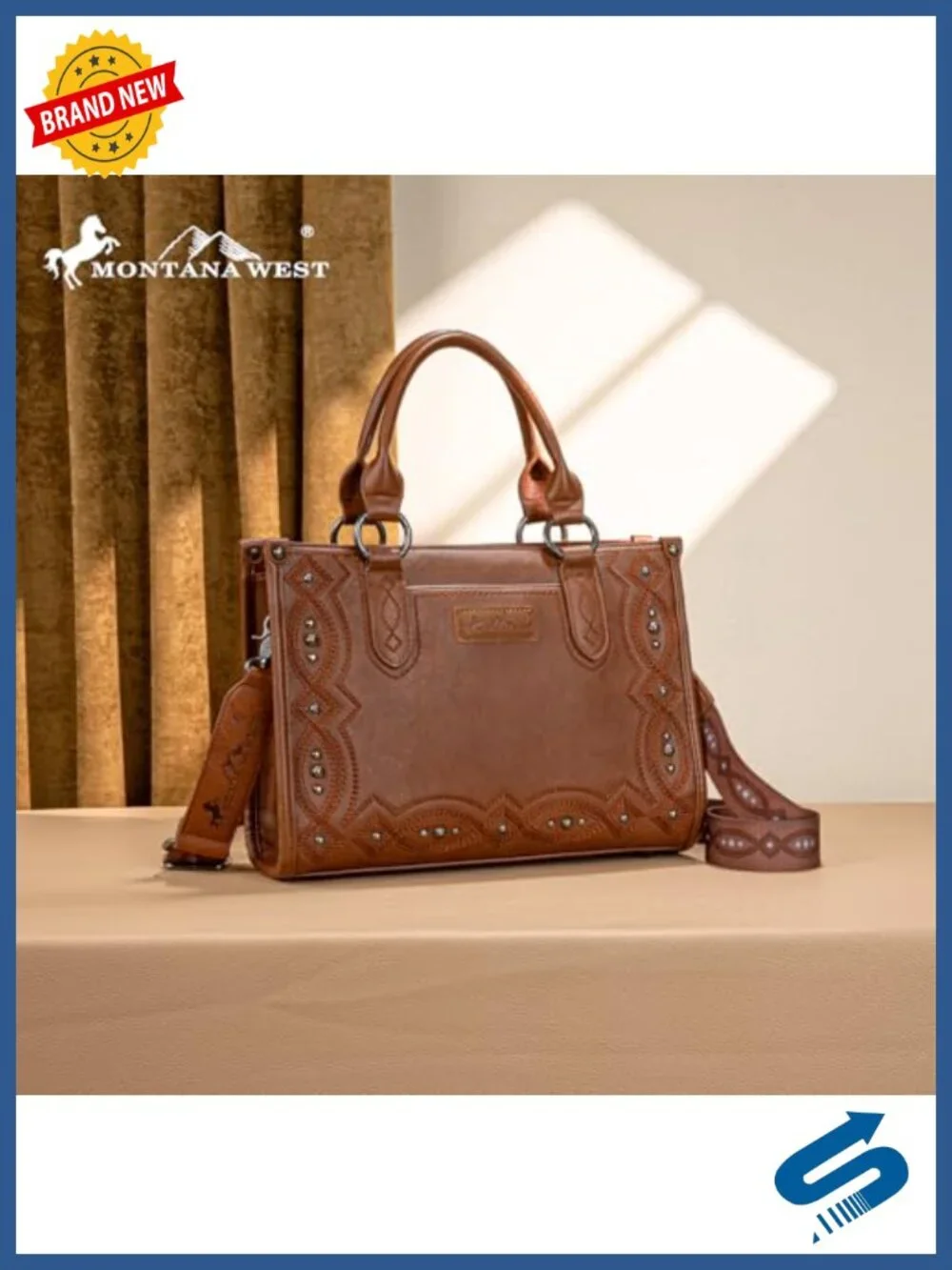 Western Tooling Vegan Leather Tote Bag Whipstitch Crossbody